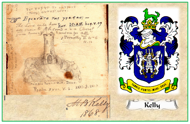 The Kelly Crest and a sketch in my Great, great grandfather, Michael Britt Kelly's bible.